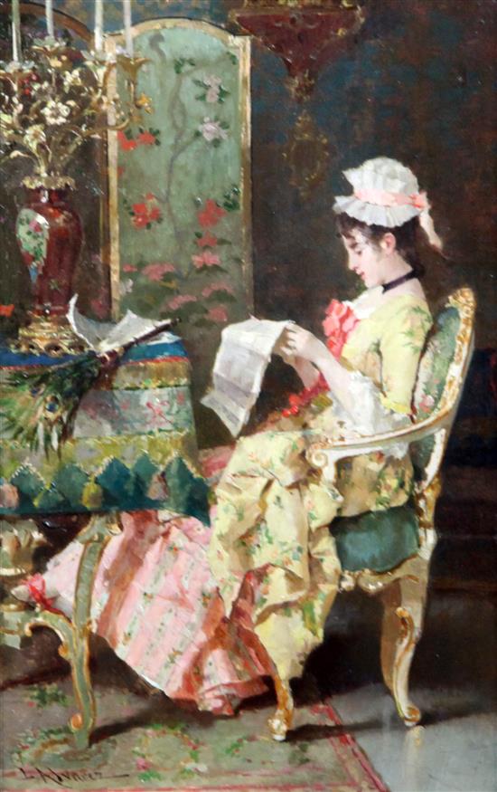 Louis Alvarez Catala (Spanish, 1836-1901) Interior with lady reading a newspaper 11 x 7in.